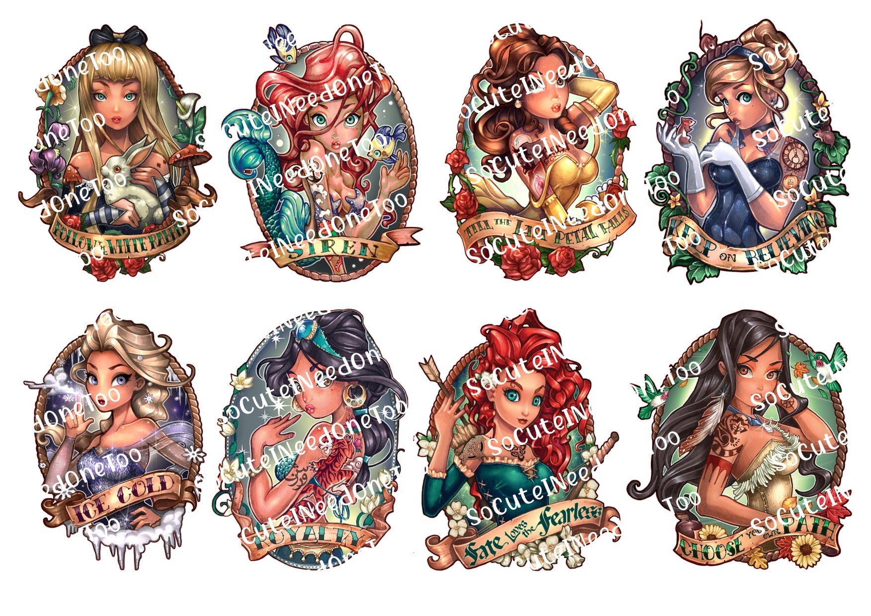 Disney - Tattoos 8 Princess -3.5 inches Waterslide Decals - SoCuteINeedOneToo