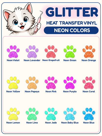Glitter heat transfer vinyl neon color chart with 15 colors