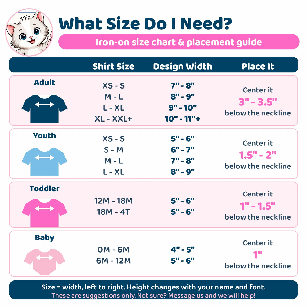 Iron-on size chart and placement guide for adult, youth, toddler and baby shirts