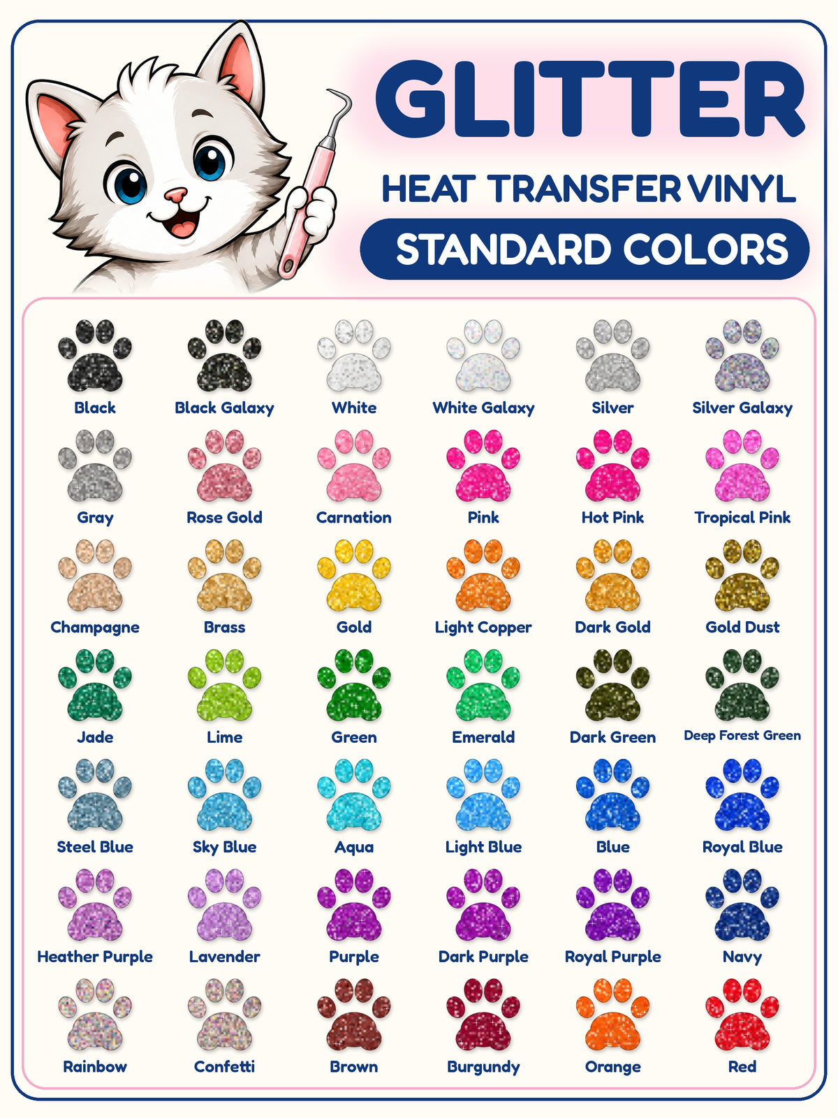 Glitter heat transfer vinyl standard color chart with 42 colors
