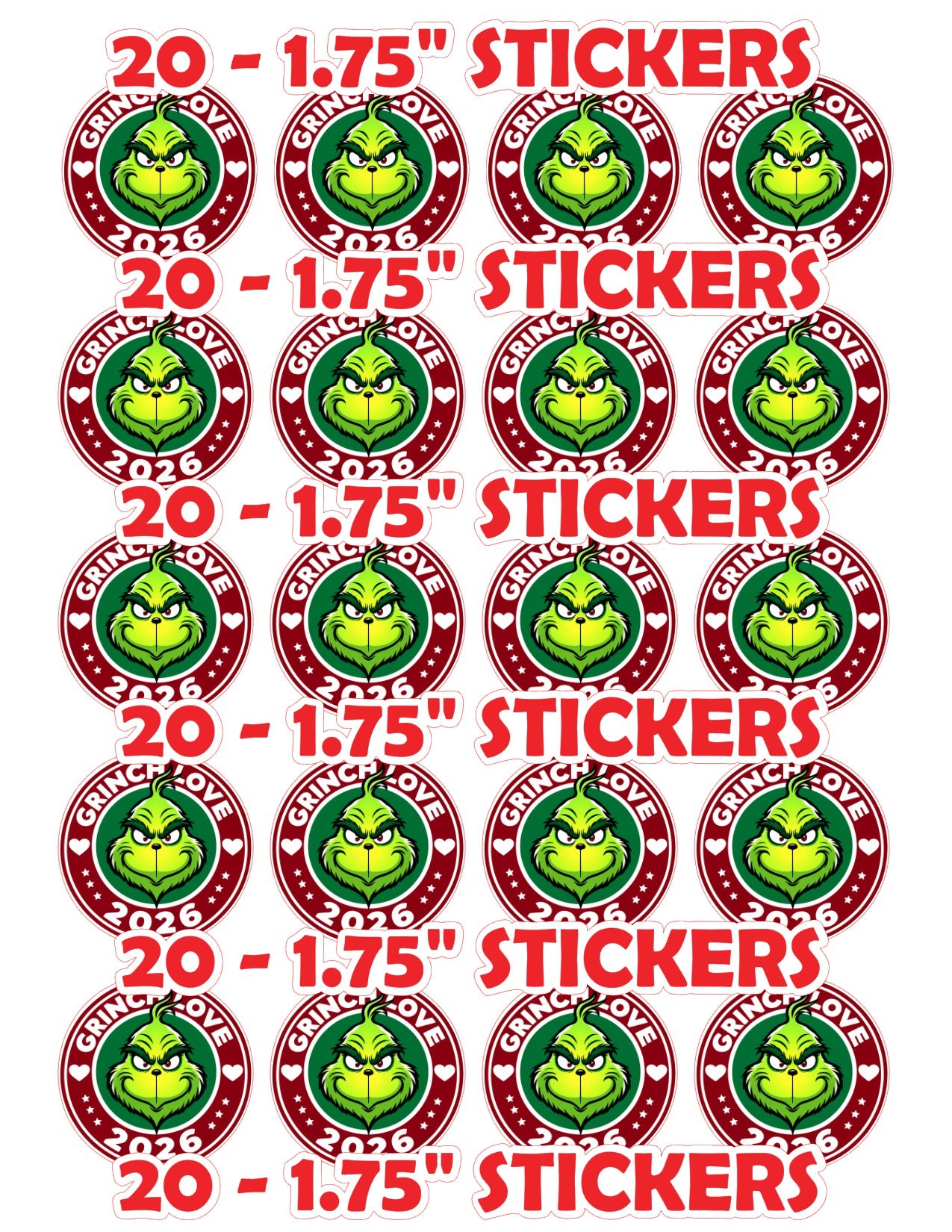 Grinch Love 2026 sticker sheet - 20 stickers