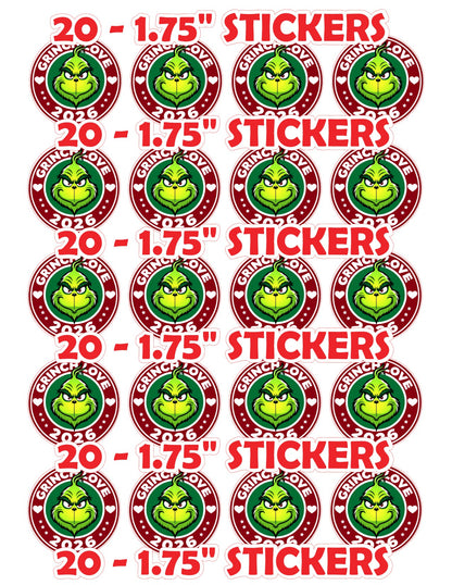Grinch Love 2026 sticker sheet - 20 stickers