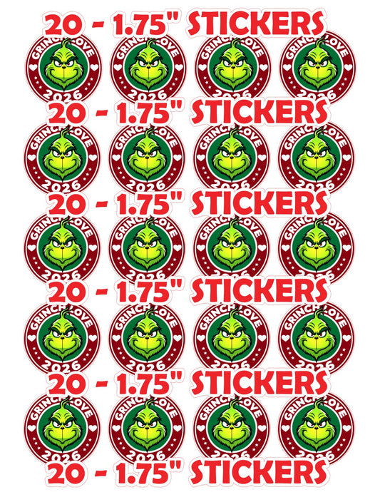 Grinch Love 2026 sticker sheet - 20 stickers