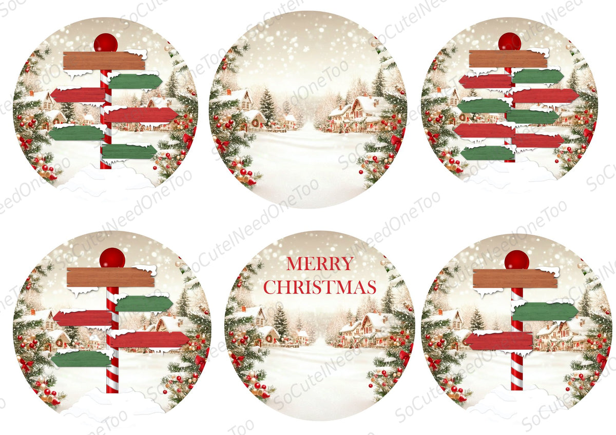 Merry Christmas Signpost Ornament Waterslide Decals - round ornament designs - SoCuteINeedOneToo