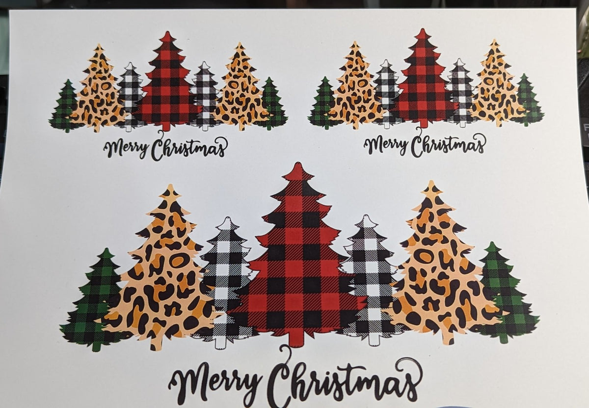Leopard and buffalo plaid Merry Christmas trees printed waterslide decals
