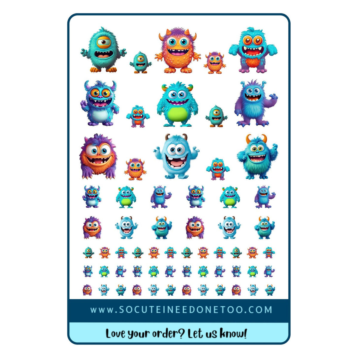 Cute fuzzy monster half sticker sheet with 63 peel and stick monster stickers in teal, orange, blue and purple