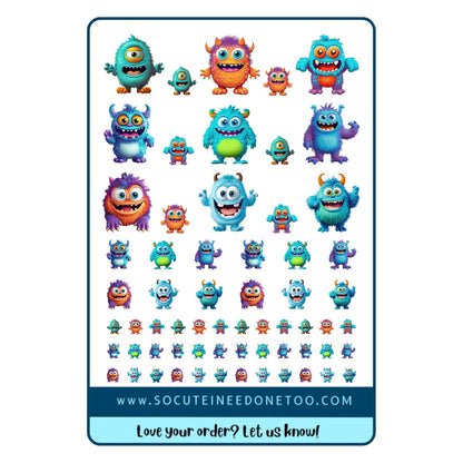 Cute fuzzy monster half sticker sheet with 63 peel and stick monster stickers in teal, orange, blue and purple