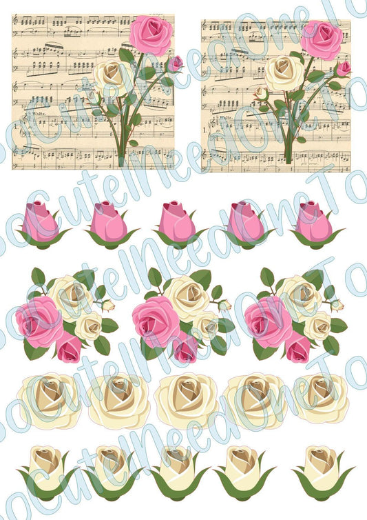 Music Sheet With Roses on Clear/White Waterslide Paper - Ready To Use - SoCuteINeedOneToo