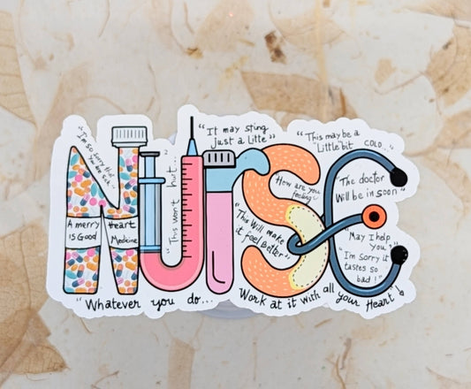 Nurse vinyl sticker with syringe, pill bottle, and stethoscope lettering