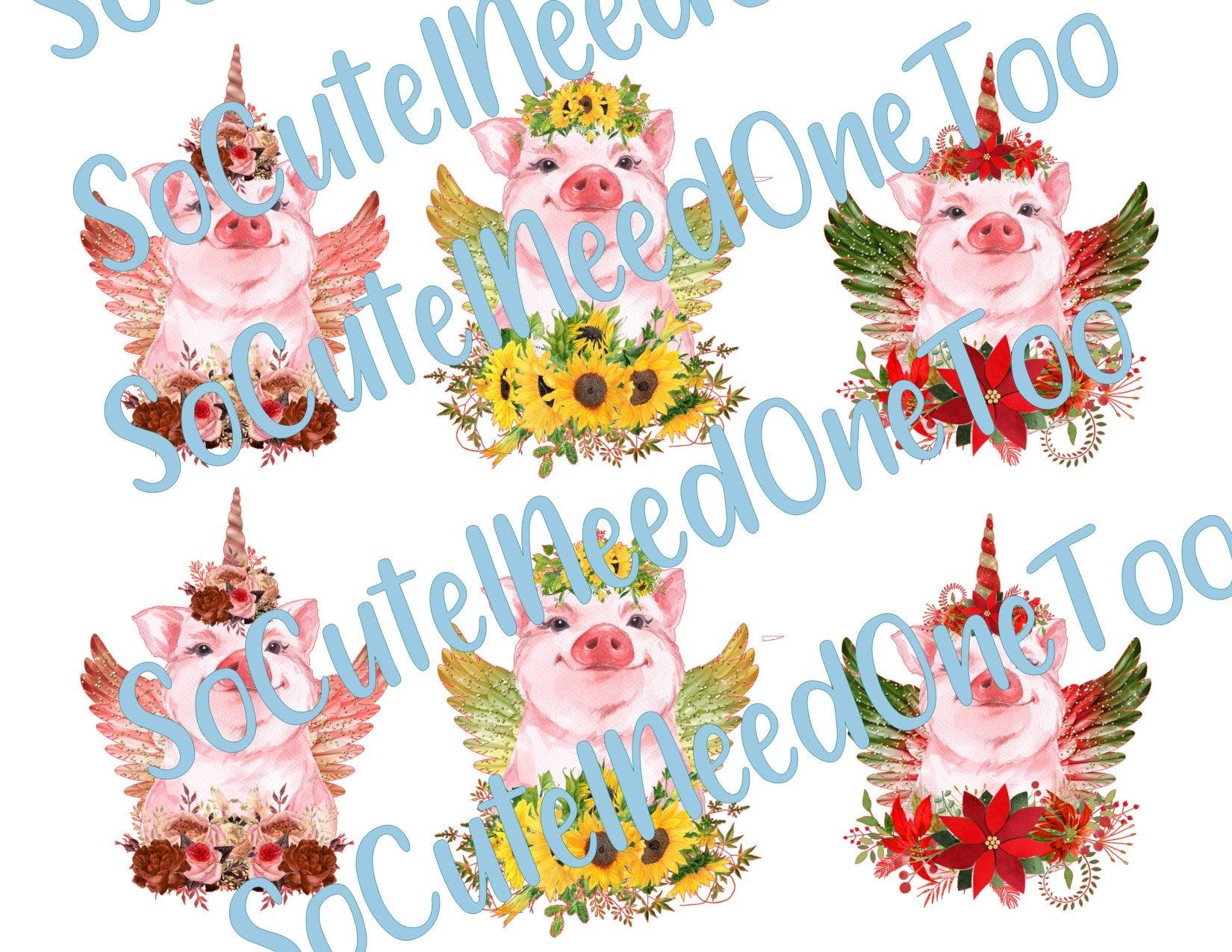 Pigs with Flower Crowns on Clear/White Waterslide Paper Ready To Use - SoCuteINeedOneToo