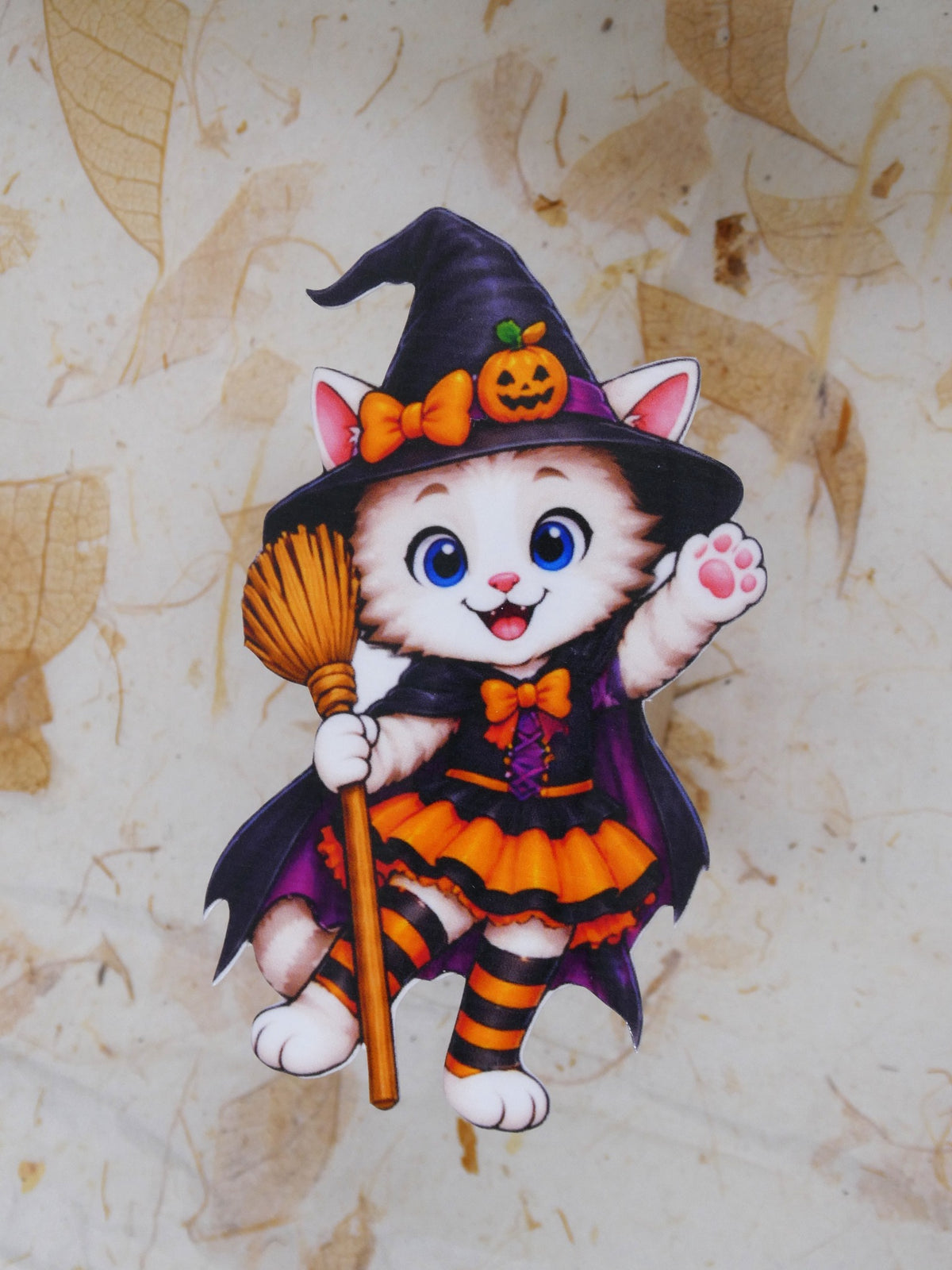 Witch Bobcat Halloween sticker - kitten in a witch hat with broom