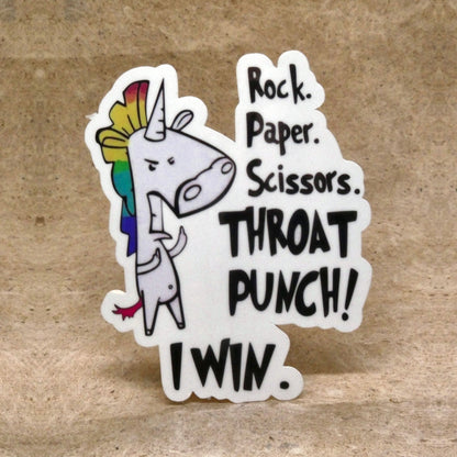 Rock Paper Scissors Throat Punch unicorn die-cut vinyl sticker, real product photo