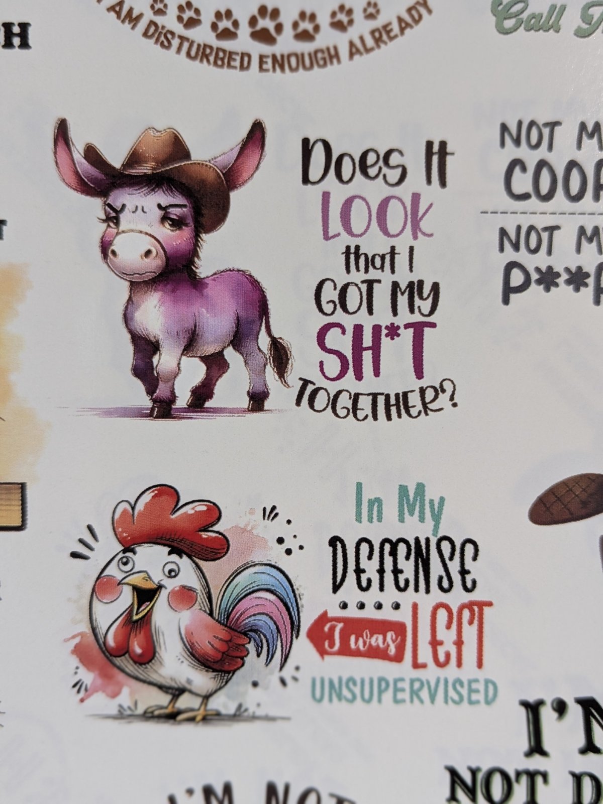 Does It Look Like I Got My Sh*t Together donkey and rooster printed waterslide decals