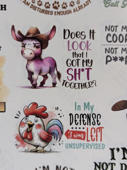 Does It Look Like I Got My Sh*t Together donkey and rooster printed waterslide decals