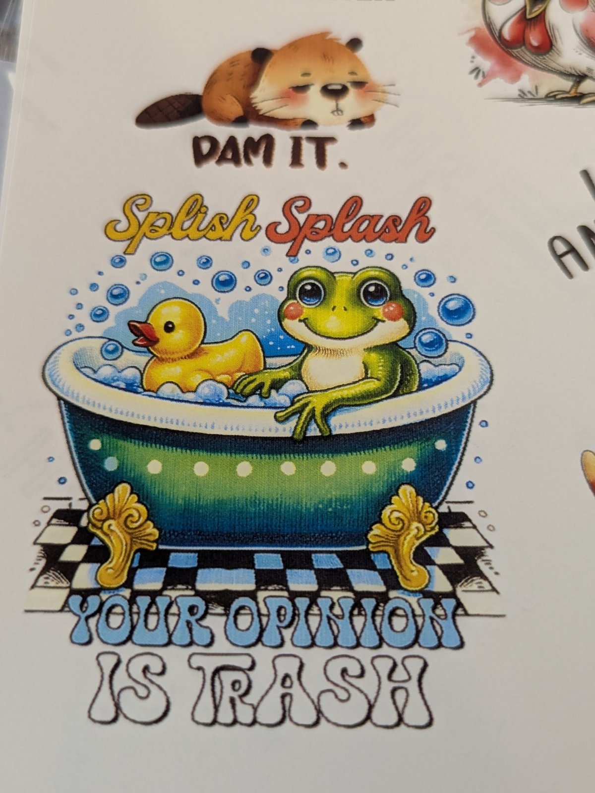 Dam It beaver and Splish Splash Your Opinion Is Trash frog printed waterslide decals