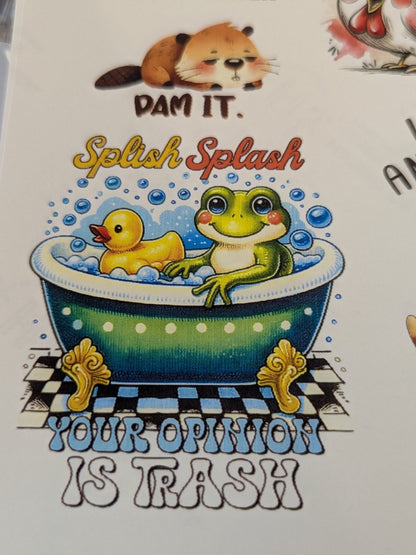 Dam It beaver and Splish Splash Your Opinion Is Trash frog printed waterslide decals