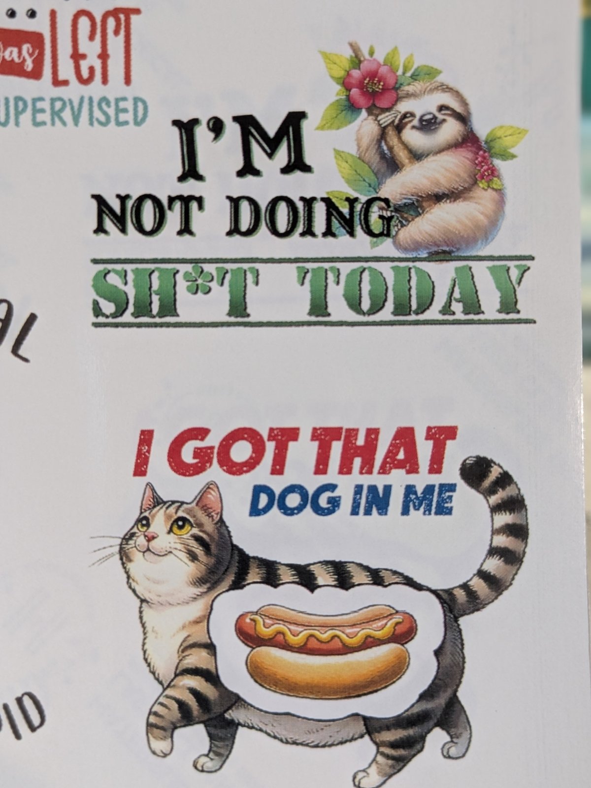 I'm Not Doing Sh*t Today sloth and I Got That Dog In Me cat printed waterslide decals