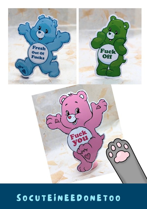 Sassy adult humor bear stickers in blue, green and pink