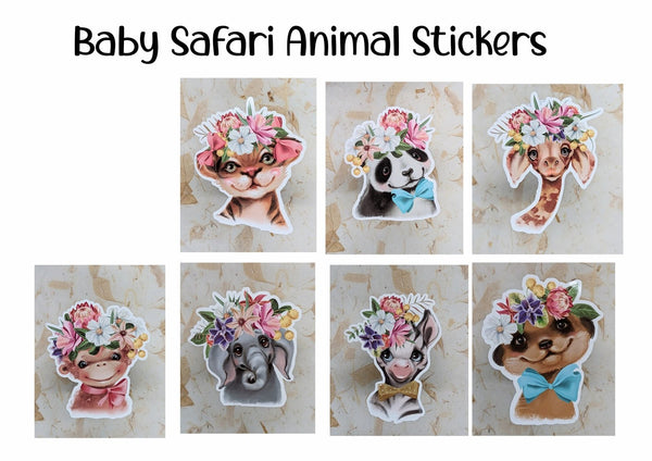 Baby safari animal stickers with flower crowns: tiger, panda, giraffe, monkey, elephant, zebra and meerkat