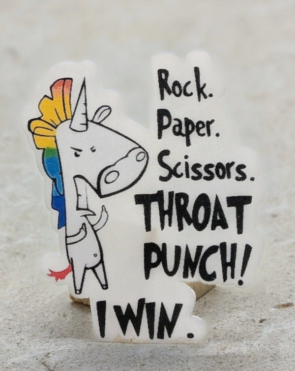 Rock Paper Scissors Throat Punch I Win unicorn sticker