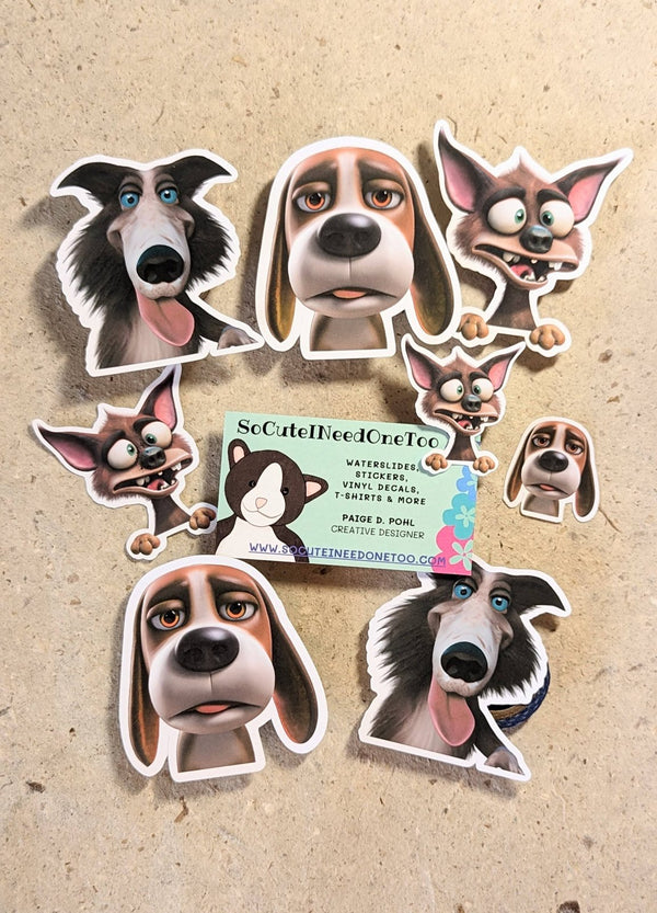 Silly cartoon dog face die-cut stickers in two sizes