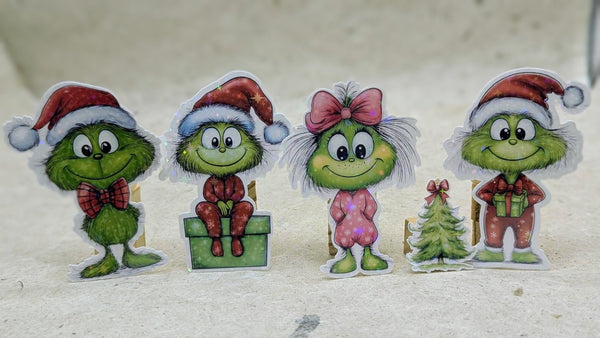 Holographic star baby green Christmas critter stickers with a mini tree