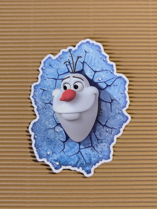 Smiling snowman bursting through ice sticker