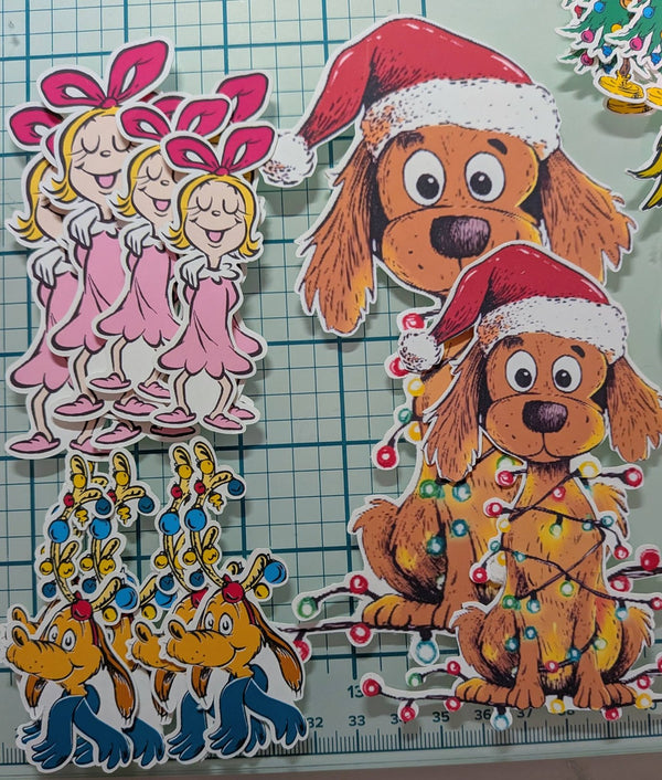 Christmas puppy in a Santa hat and lights plus pink nightgown girl stickers