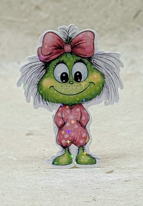 Holographic baby green critter girl with pink bow sticker