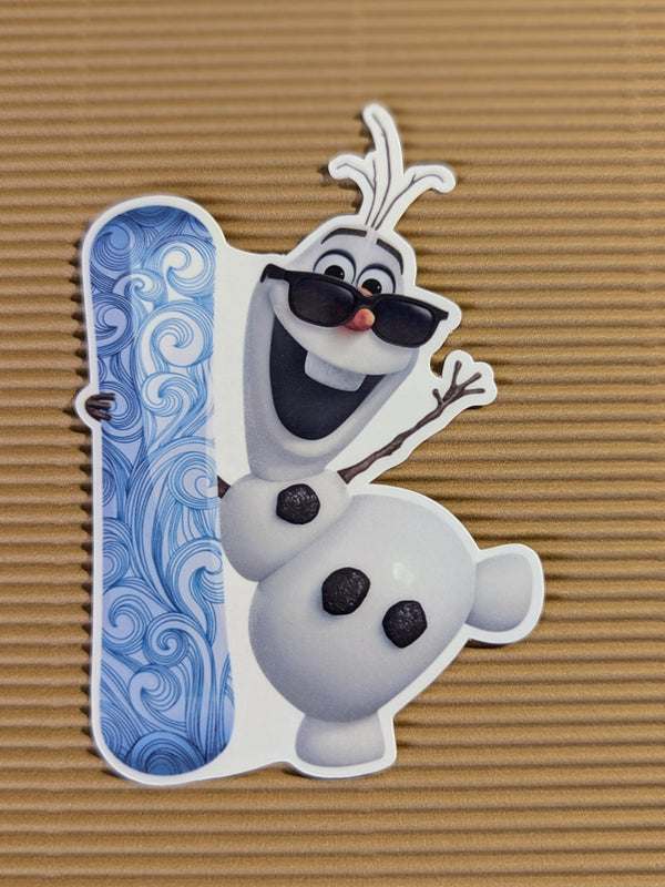 Snowman with sunglasses and snowboard sticker