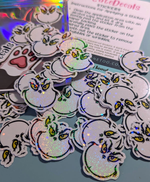 Holographic glitter grumpy Christmas face stickers with care card