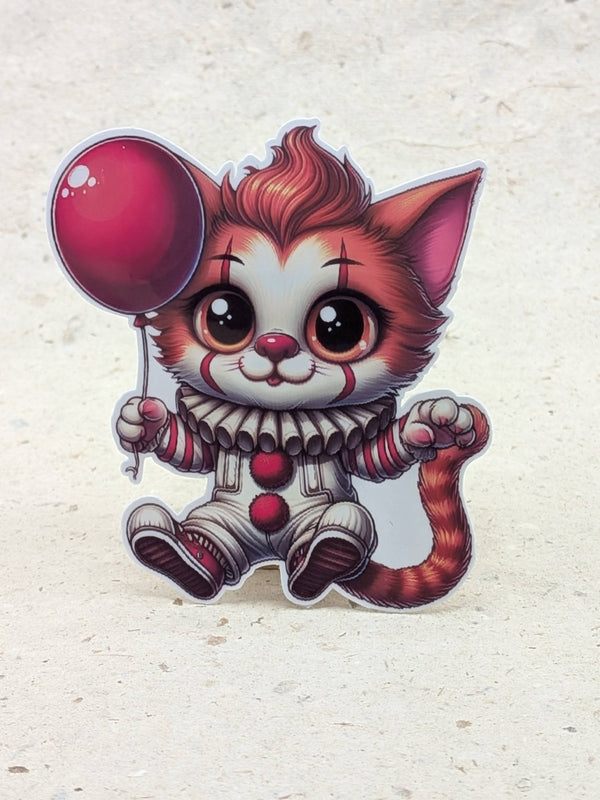 Clown kitty with a red balloon Halloween sticker