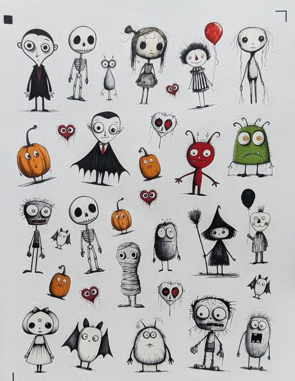 Full sheet of whimsical spooky Halloween character stickers