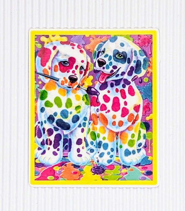 Rainbow paint-spotted puppies sticker with yellow border
