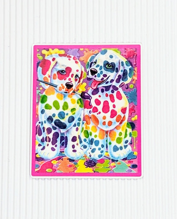 Rainbow paint-spotted puppies sticker with pink border