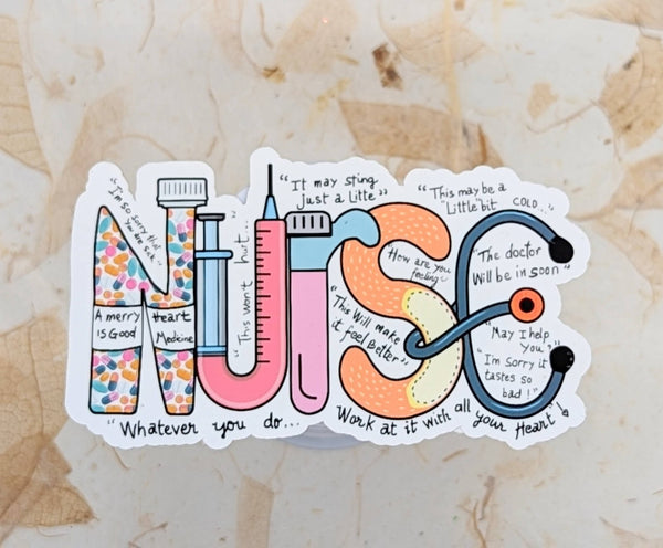 Nurse word art sticker with syringe, test tube and stethoscope letters