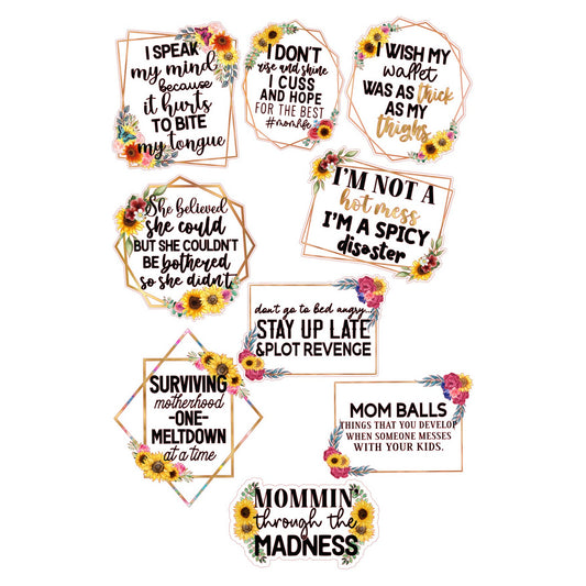 Sunflower mom life sayings sticker sheet with funny mom quotes in sunflower and rose gold frames