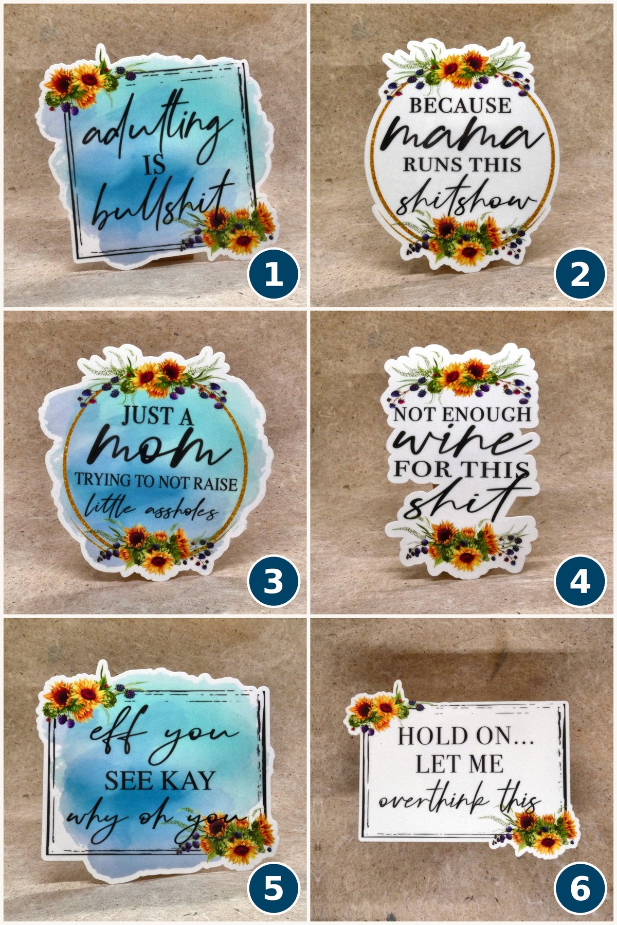 Sunflower adult humor vinyl stickers, all 6 designs numbered 1 to 6, real product photos