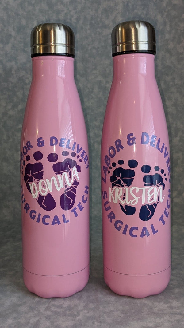 Personalized Labor & Delivery Surgical Tech vinyl decals with baby feet and names on pink water bottles