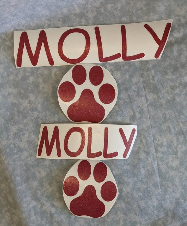 Red glitter custom name and paw print vinyl decals