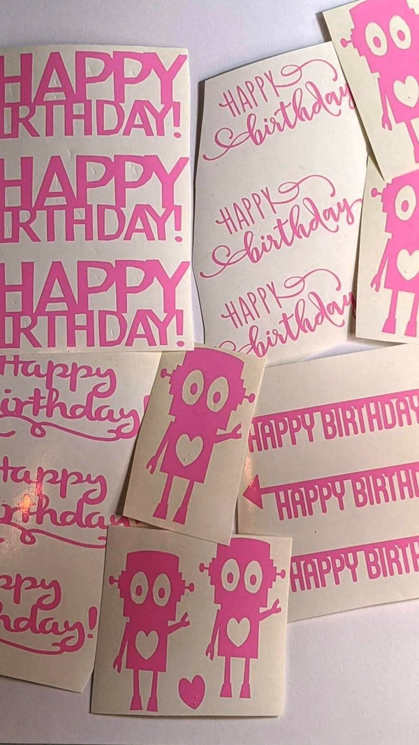 Pink Happy Birthday and robot vinyl decals