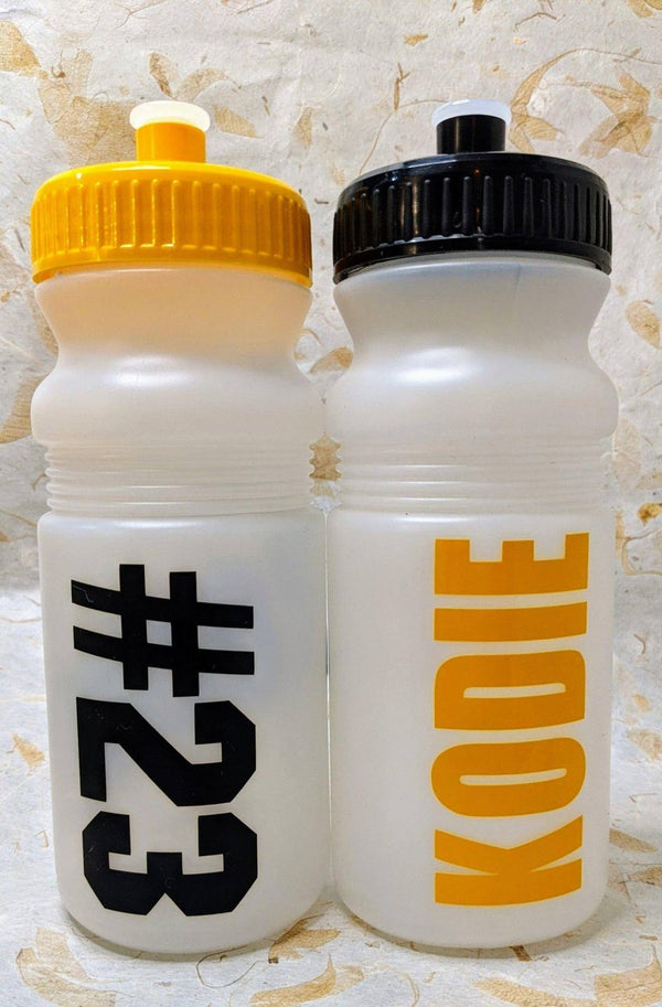 Custom jersey number and name vinyl decals on sports water bottles