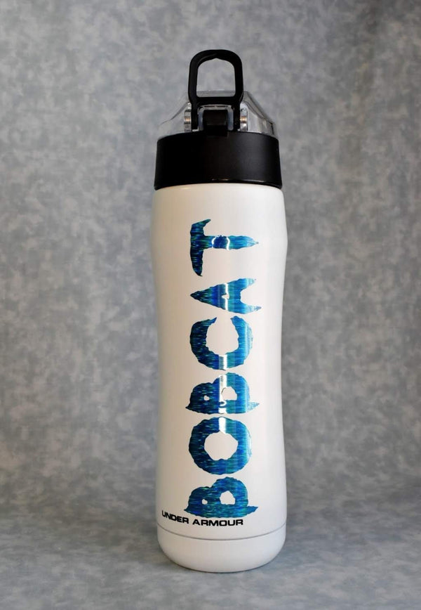 Holographic blue custom name vinyl decal on a white water bottle