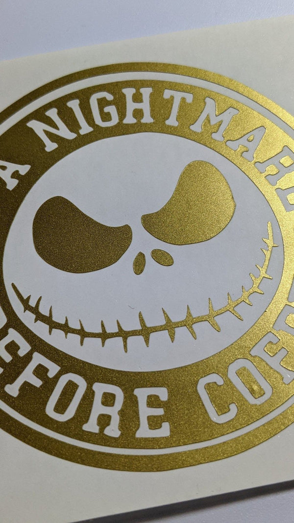 Gold Nightmare Before Coffee skeleton face vinyl decal, a personal project