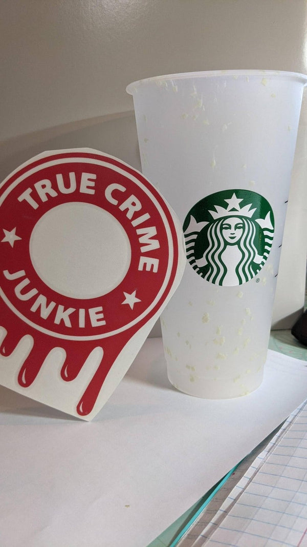 Red True Crime Junkie coffee cup wrap vinyl decal, a personal project