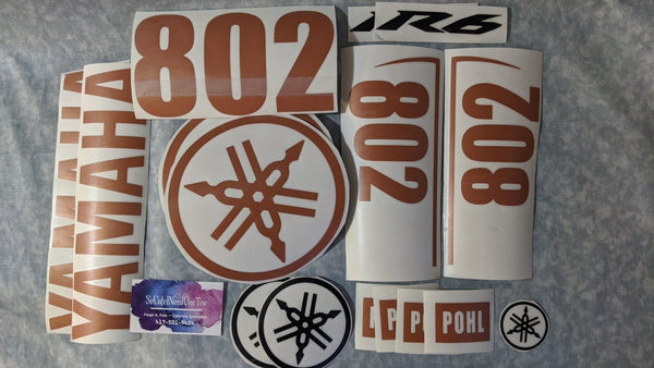 Copper race bike vinyl decal kit with custom numbers and name, a personal project
