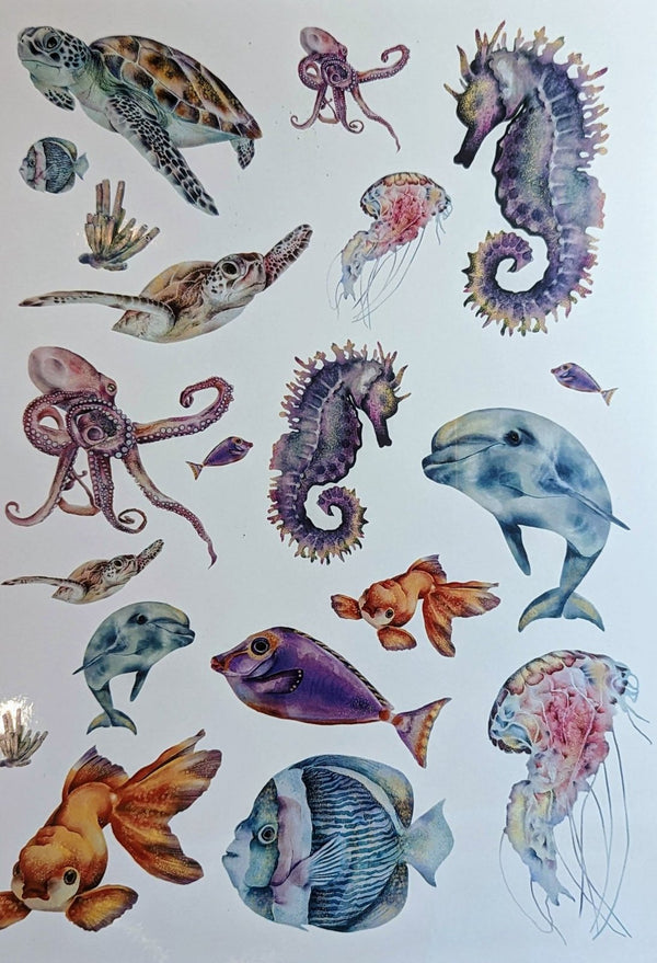 Watercolor sea creature waterslide decals: sea turtles, seahorses, octopus, dolphins, jellyfish and fish