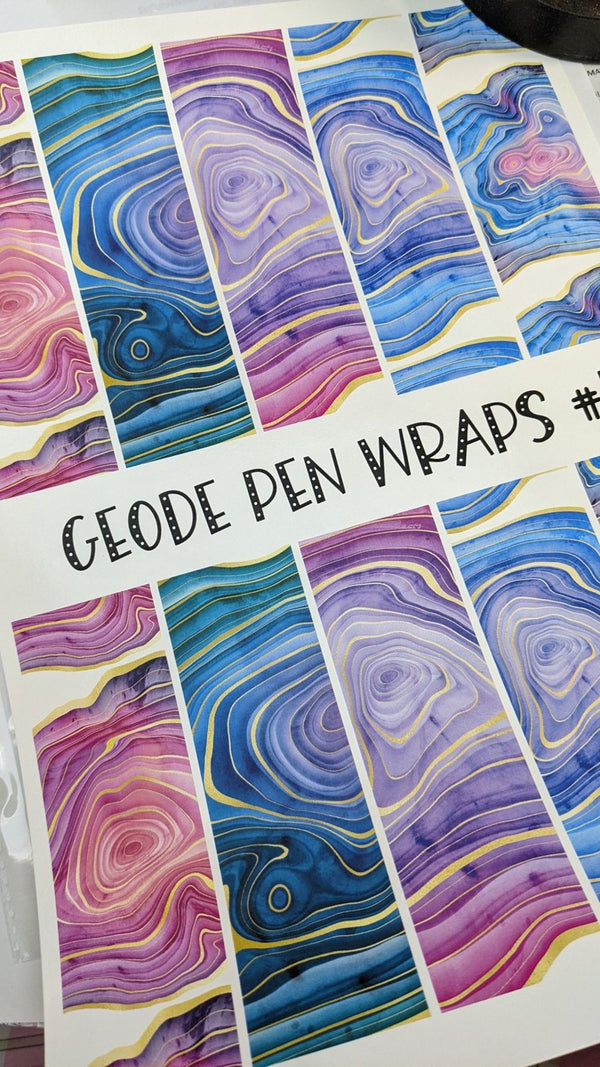 Pink, purple and blue geode agate pen wrap waterslide decals with gold lines