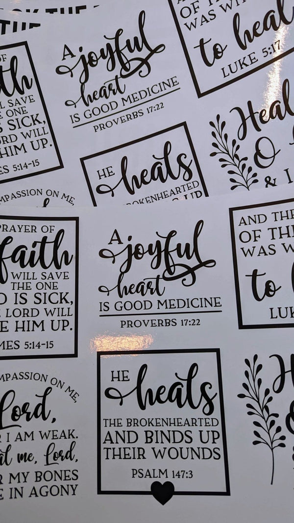 Healing scripture waterslide decals: A Joyful Heart Is Good Medicine and He Heals the Brokenhearted