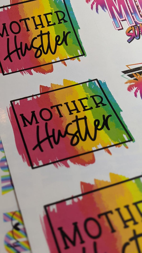 Rainbow watercolor Mother Hustler waterslide decals